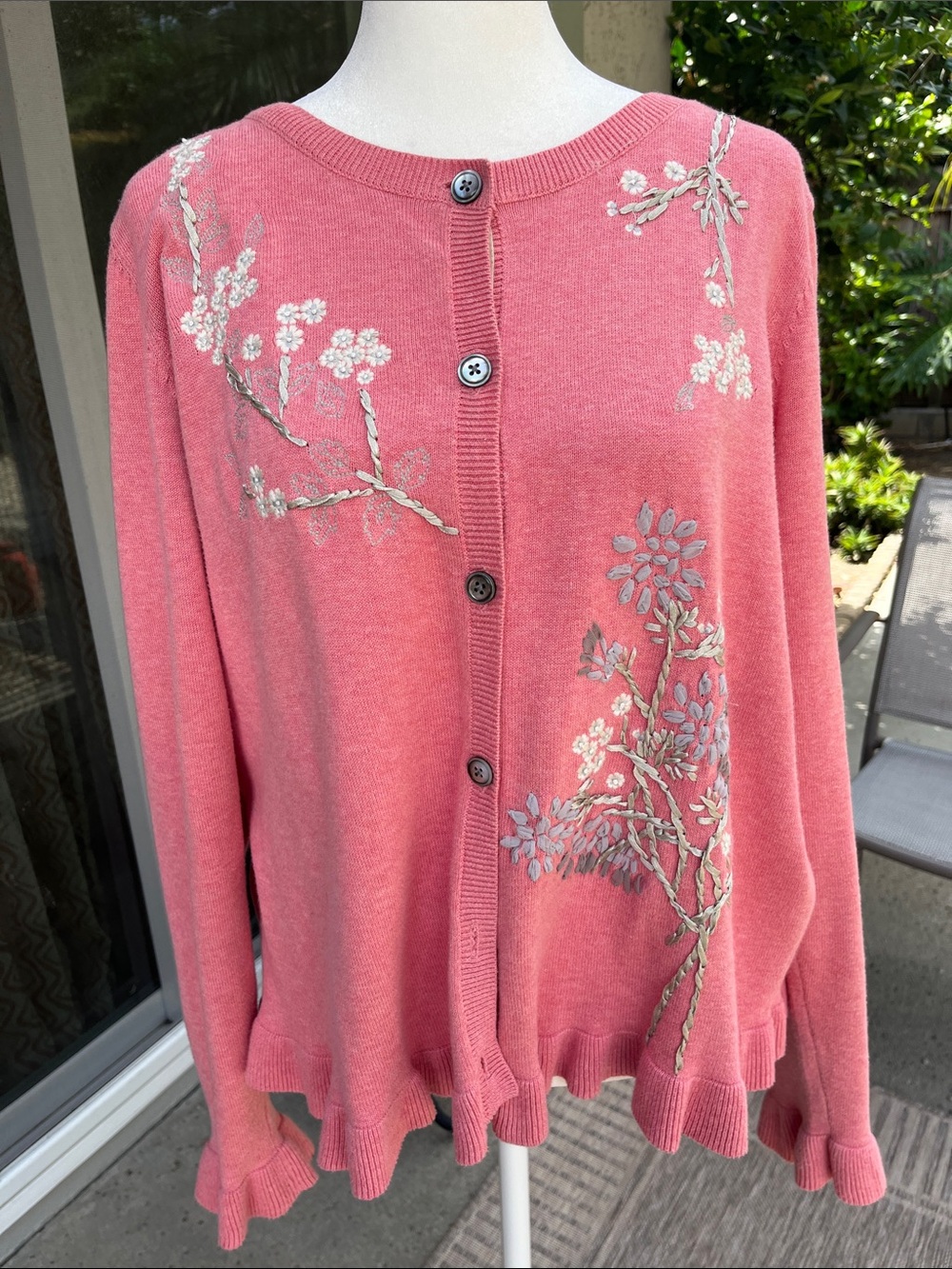 Sundance 100% Cotton Pink Embroidered Floral Button-Front Cardigan XL